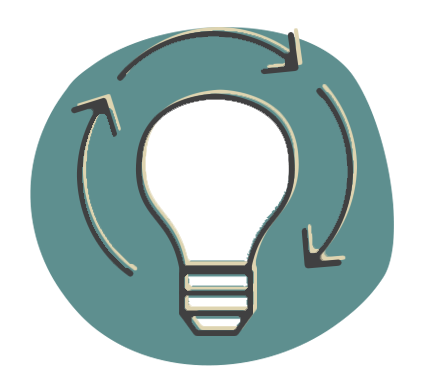 Hand-drawn icon of a lightbulb surrounded by circular arrows on a teal organic shape, representing AsOne's sustainable solutions pillar
