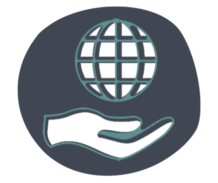 Hand-drawn icon of an open hand holding up a globe on a dark navy organic shape, representing AsOne's locally-led model of Ugandans empowering Ugandans