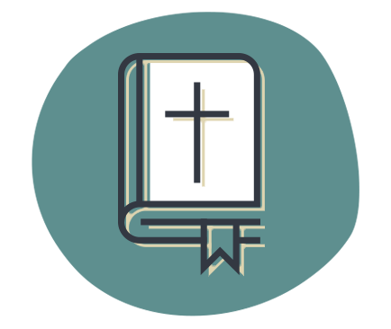 Hand-drawn icon of a closed Bible with a cross on the cover and a ribbon bookmark on a teal organic shape, representing AsOne's Christ at the Center value