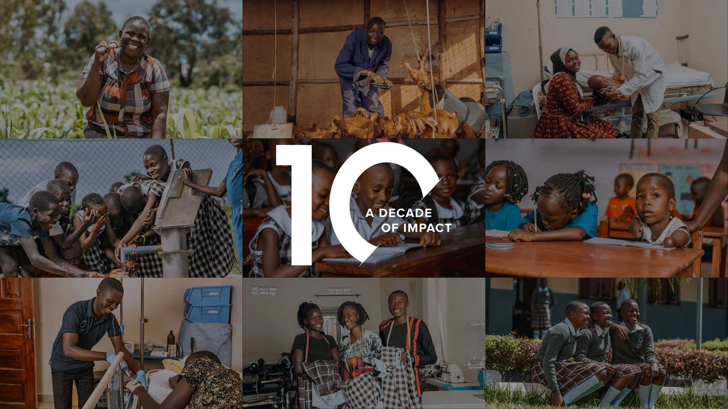 Collage celebrating 10 years of community impact in Uganda through healthcare, education, clean water, agriculture, and youth empowerment