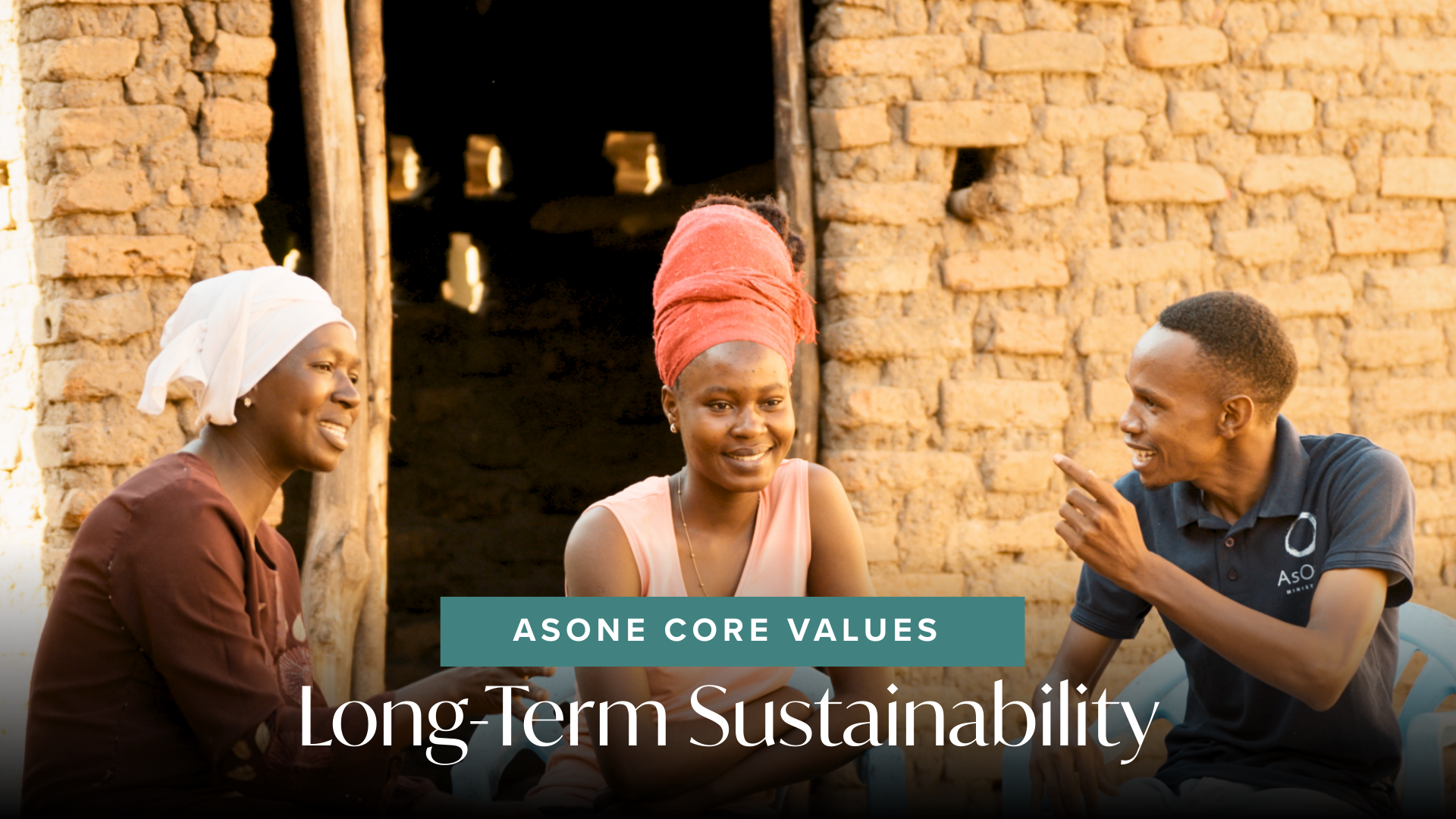 AsOne Core Values banner, 'Long-Term Sustainability,' showing an AsOne staff member talking with two community members outside a brick home