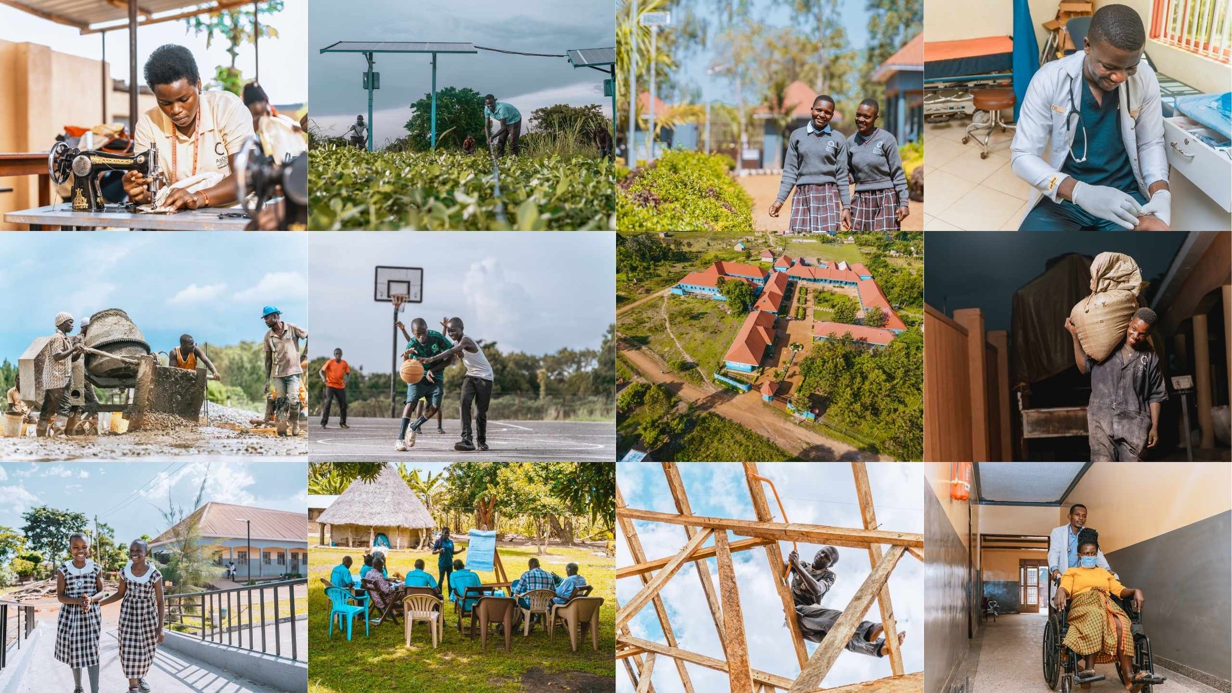 Collage showcasing AsOne Ministries' 2025 impact, including vocational training, agriculture, education, healthcare, construction, community development, and livelihoods in Uganda.
