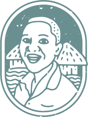 Hand-drawn illustration of a smiling Ugandan person in front of village homes, representing AsOne's locally-led model of Ugandans empowering Ugandans"