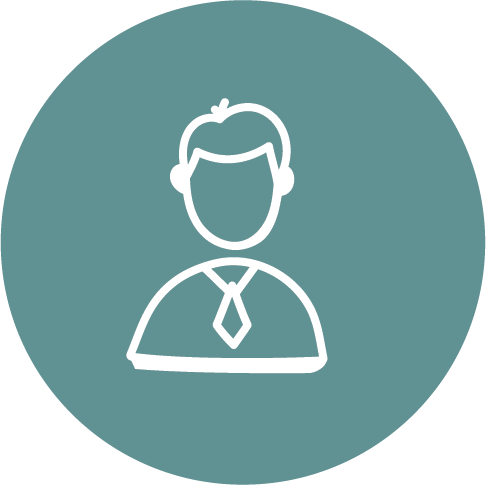 White line icon of a person wearing a tie on a teal circle, representing AsOne's staff of 321 employees in Uganda
