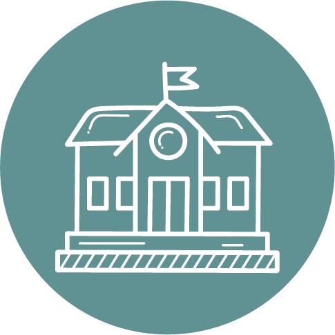 White line icon of a schoolhouse with a flag on a teal circle, representing six AsOne campuses across five communities in Nursery, Primary, and Secondary levels