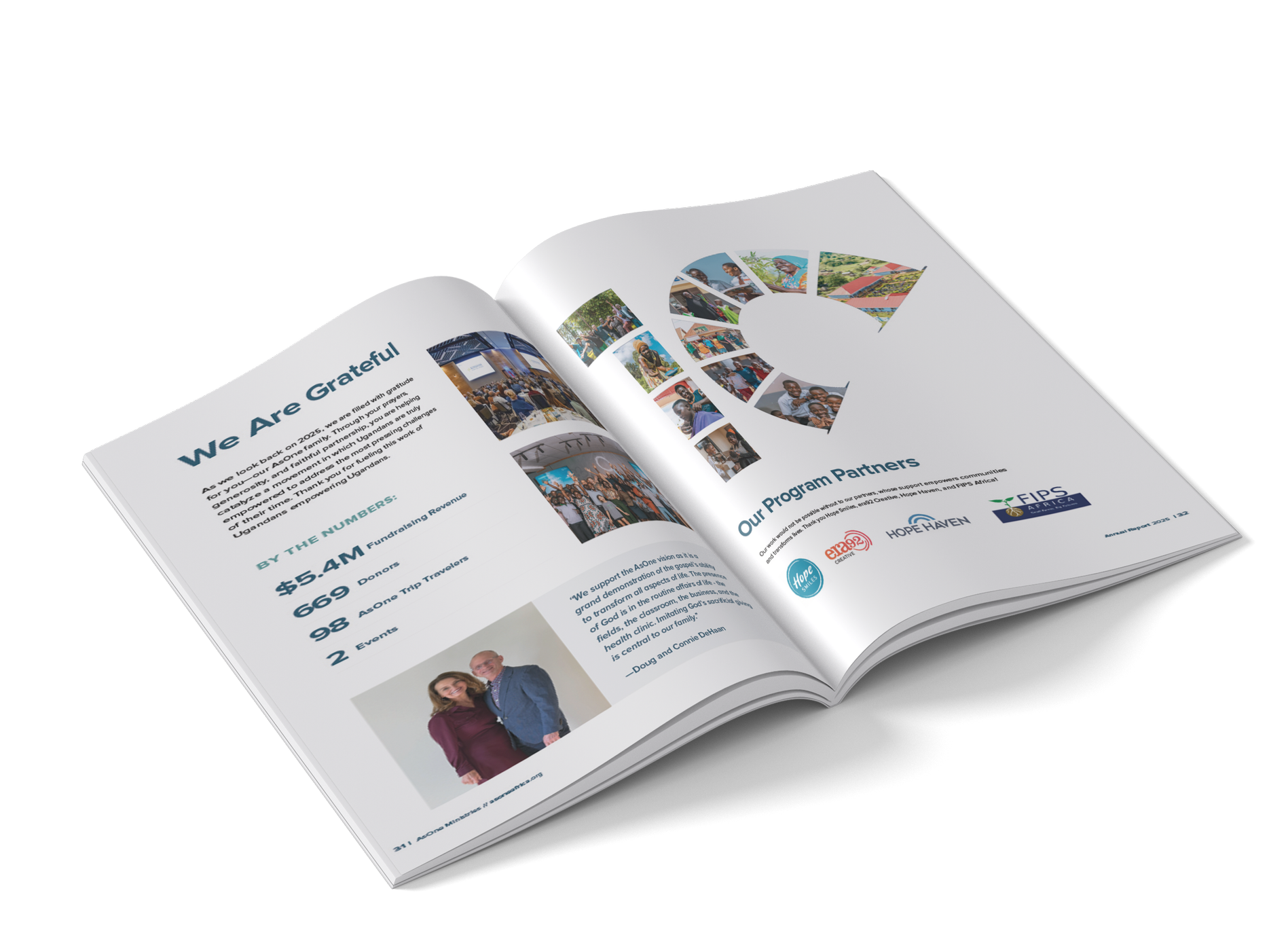 Open spread of AsOne Ministries' 2025 Annual Report showing gratitude highlights, fundraising numbers, and program partner logos