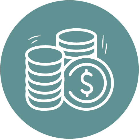 White line icon of stacked coins on a teal circle, representing over five million dollars invested in land, infrastructure, and equipment since 2016"