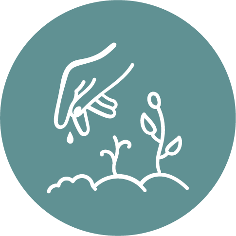 White line icon of a hand planting seeds over sprouting plants on a teal circle, representing 25,000 farmers trained across AsOne's five communities