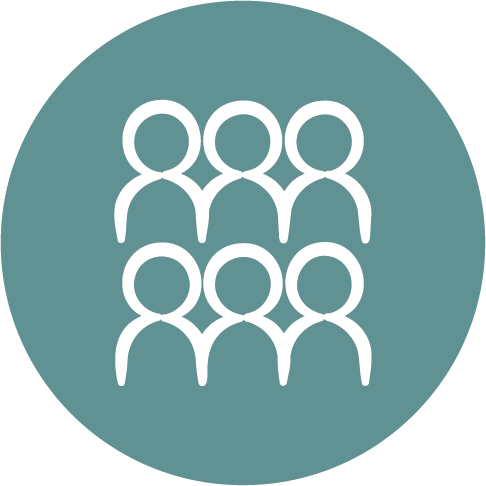 White line icon of a group of people on a teal circle, representing the seven communities where AsOne operates