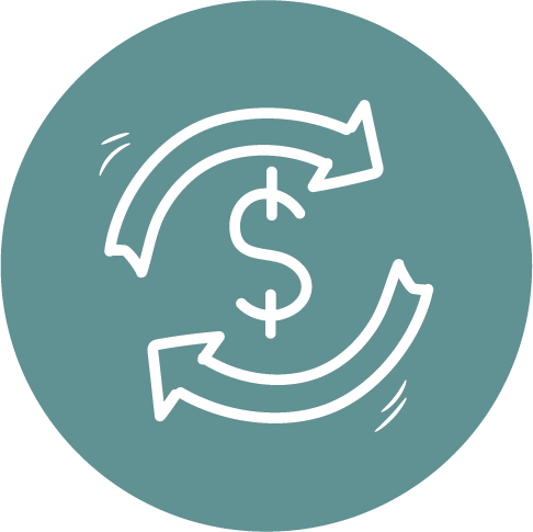 White line icon of a dollar sign inside circular arrows on a teal circle, representing 85 percent of Uganda operating costs covered through earned revenue