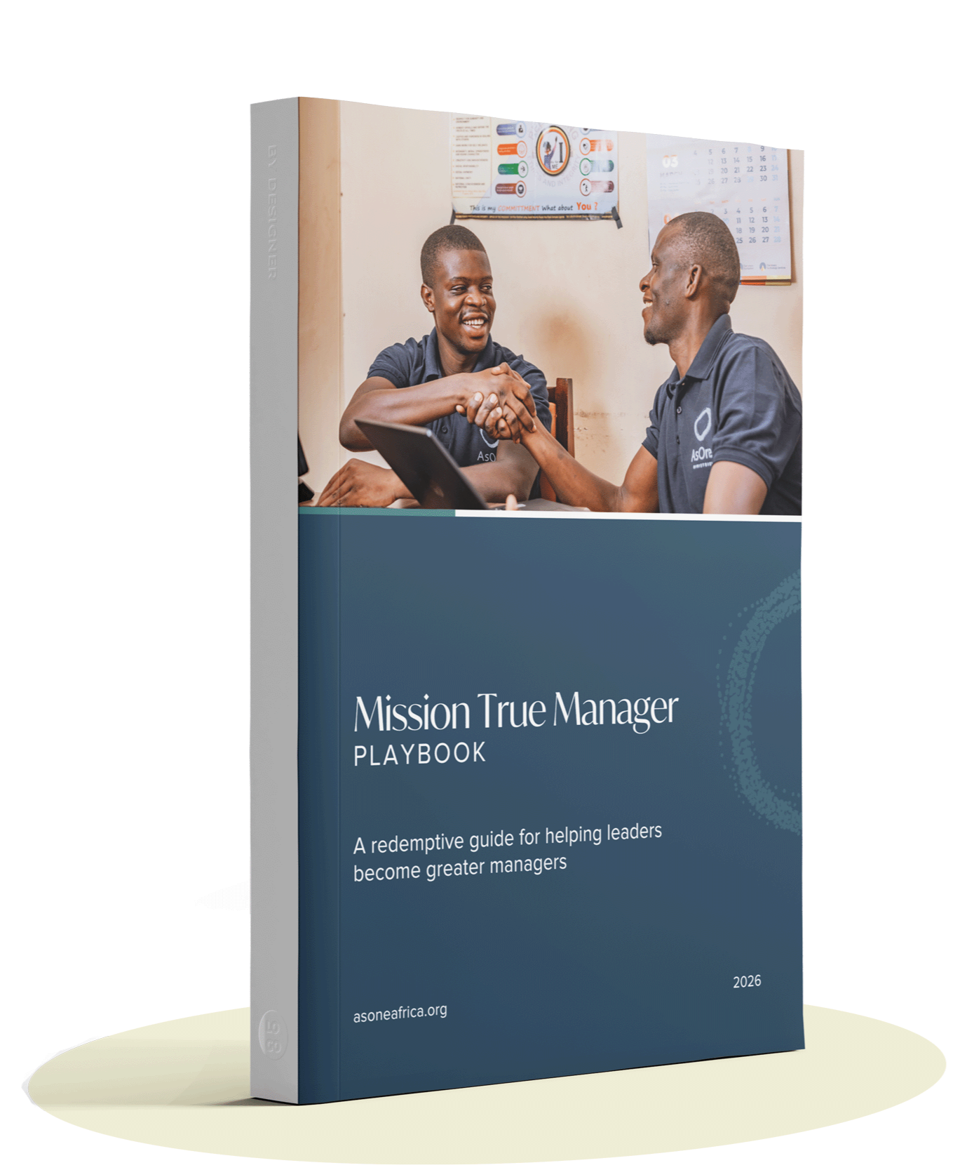 Mockup cover of AsOne's Mission True Manager Playbook, showing two staff members shaking hands