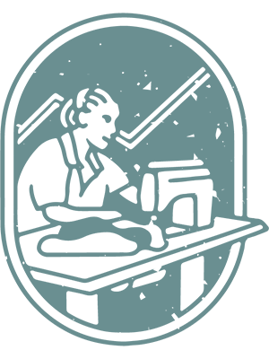 Hand-drawn illustration of a person working at a sewing machine, representing AsOne's sustainable communities earned-revenue model