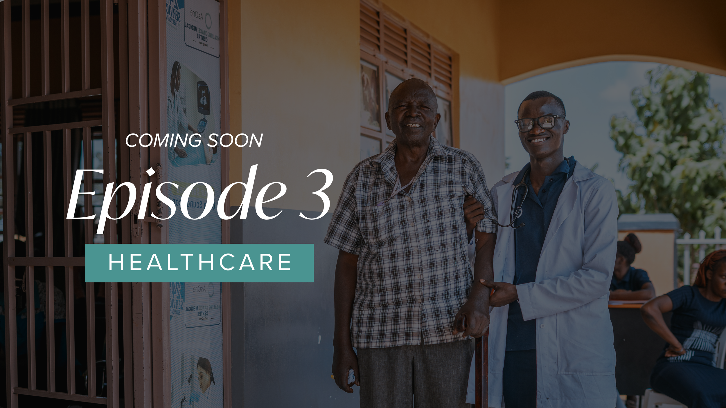 Healthcare worker standing with a community member outside an AsOne Africa health facility, highlighting accessible healthcare services in rural Uganda