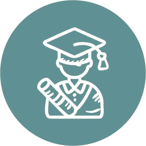 White line icon of a graduate in a cap holding a diploma on a teal circle, representing over 2,500 students enrolled in AsOne schools