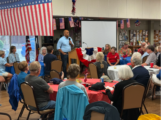 Colin Allred speaking at the 2025 Independence Day Picnic hosted by the Gillespie County Democratic Association.  Yes, he showed up on a rainy day in rural Texas - helped that our picnic was indoors at the Golden Hub!
