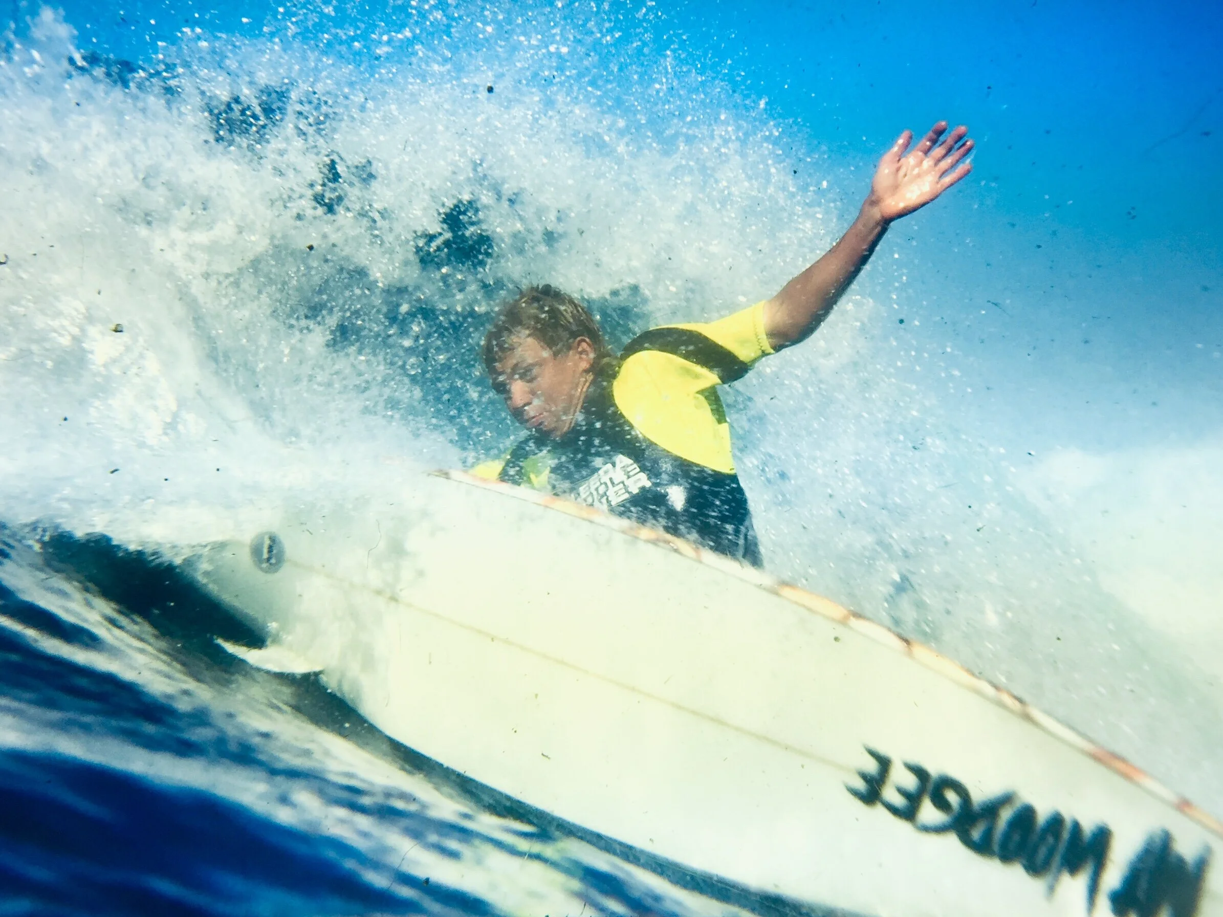Coolangatta underground ripper Jason Gale laying it over obligingly close to Marty's waiting water housing