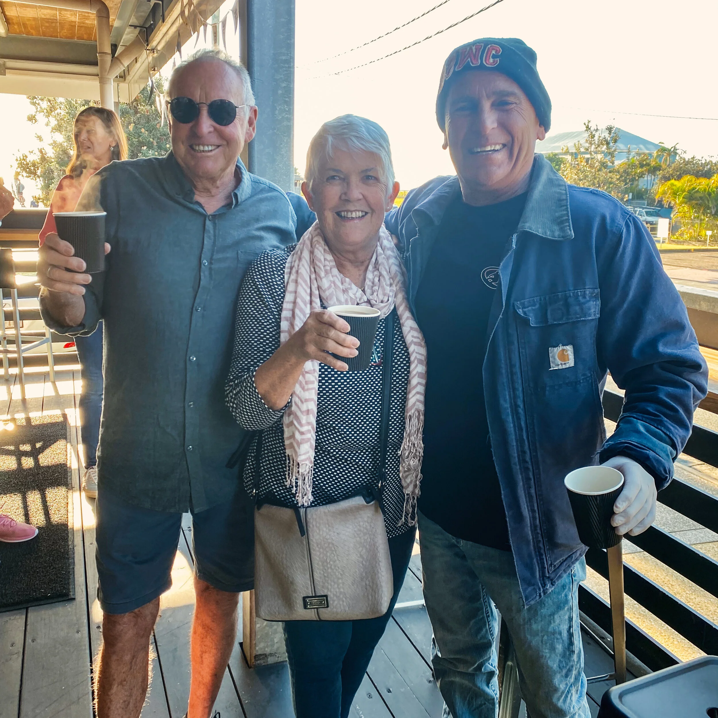 Eddie and Heather Valladares and Gordo the Great at the Biggest Morning Tea at the Surfboard Warehouse, Palm Beach
