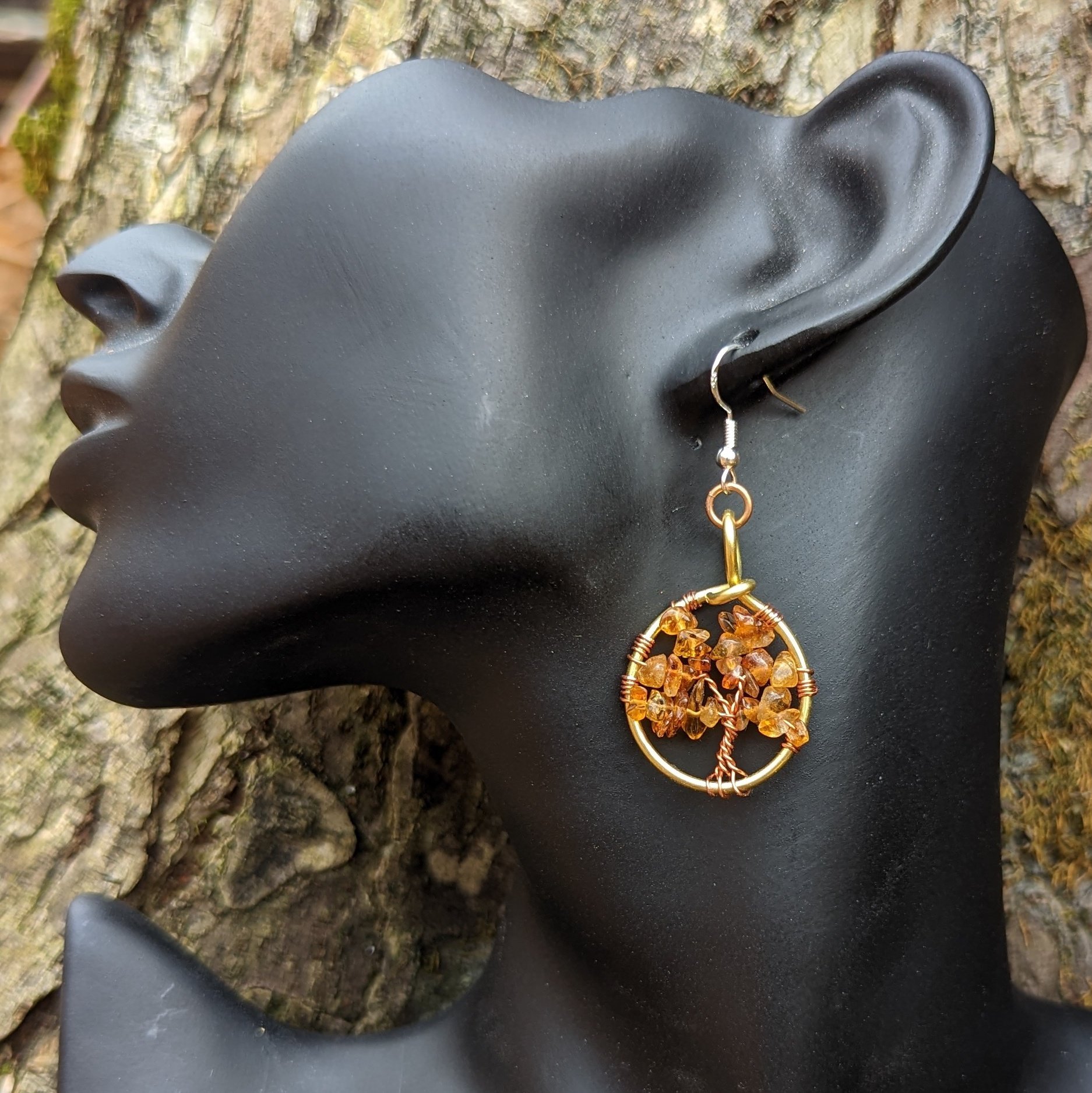 Tree of life earrings, made with genuine gemstones and brass wire