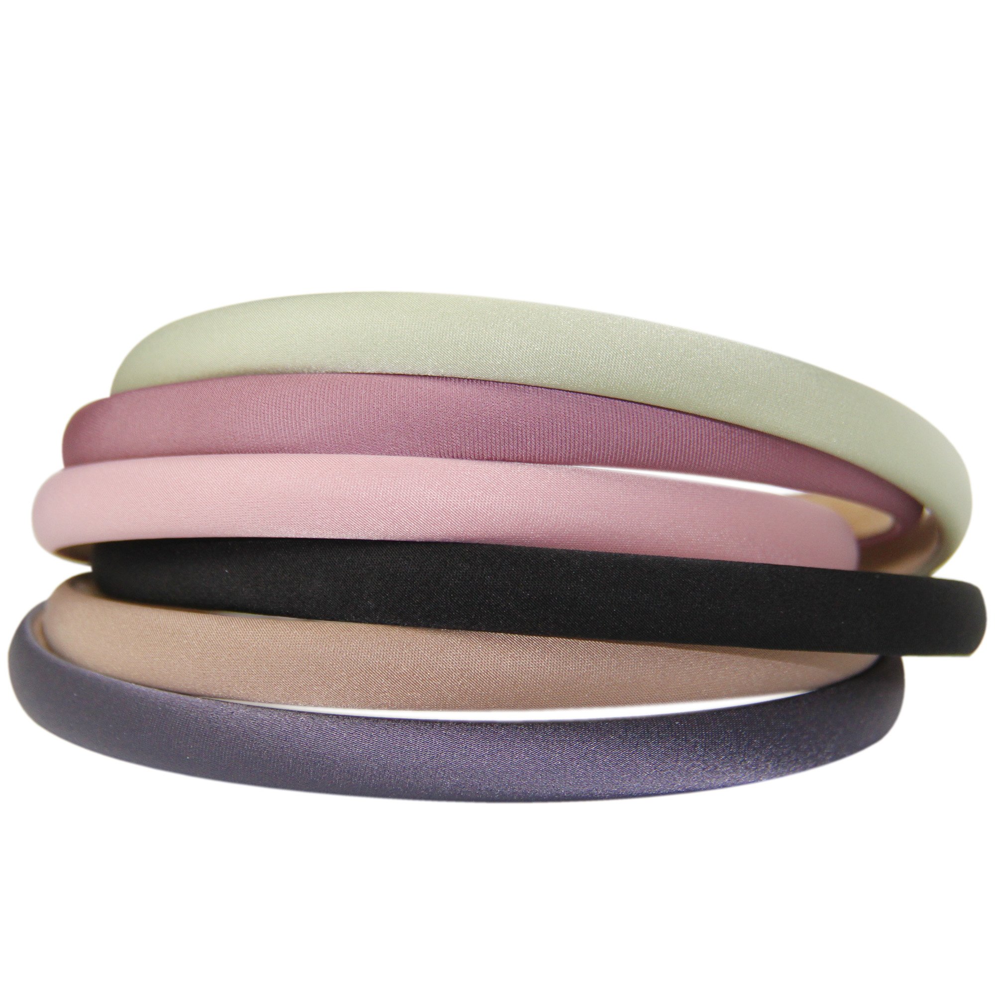 Stack of Narrow Sleek Hairbands in the following colours, green, mauve, pink, black, light bown and slate