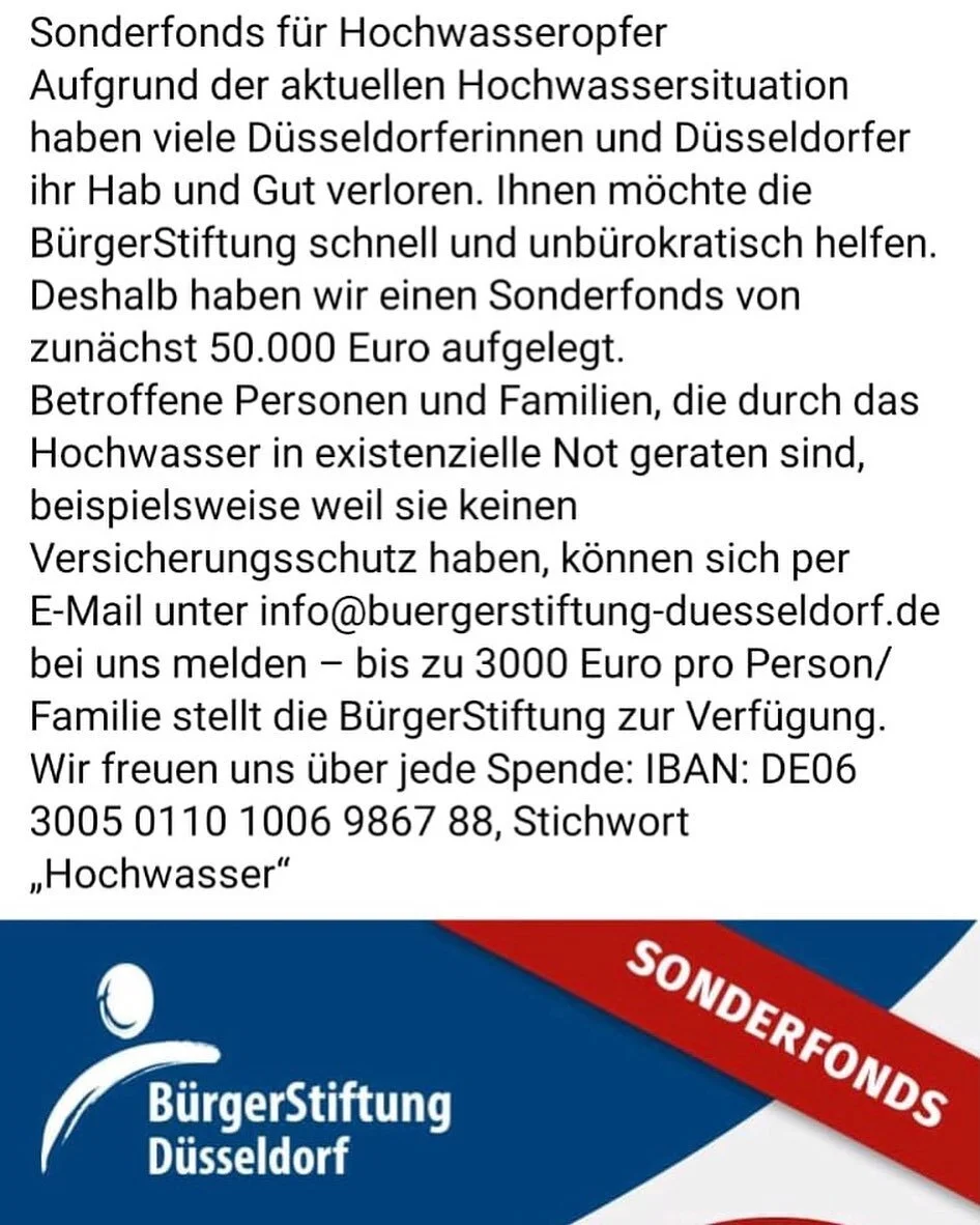 Die #b&uuml;rgerstiftungd&uuml;sseldorf sammelt f&uuml;r unsere #D&uuml;sseldorfer #Flutopfer.  Jede Unterst&uuml;tzung wird dringend ben&ouml;tigt!
