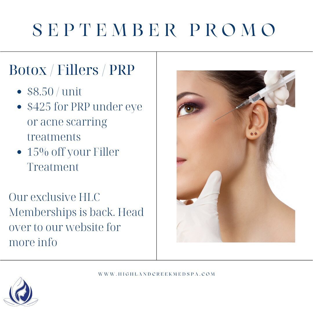 ✨September Promotions ✨

Our popular Membership Program is also back!  Head over to our link in our bio for more details or book in your treatments today! 💙 

#spapromo #medspa #torontomedispa #pickeringmedspa #torontoinjector #torontoinjections #to