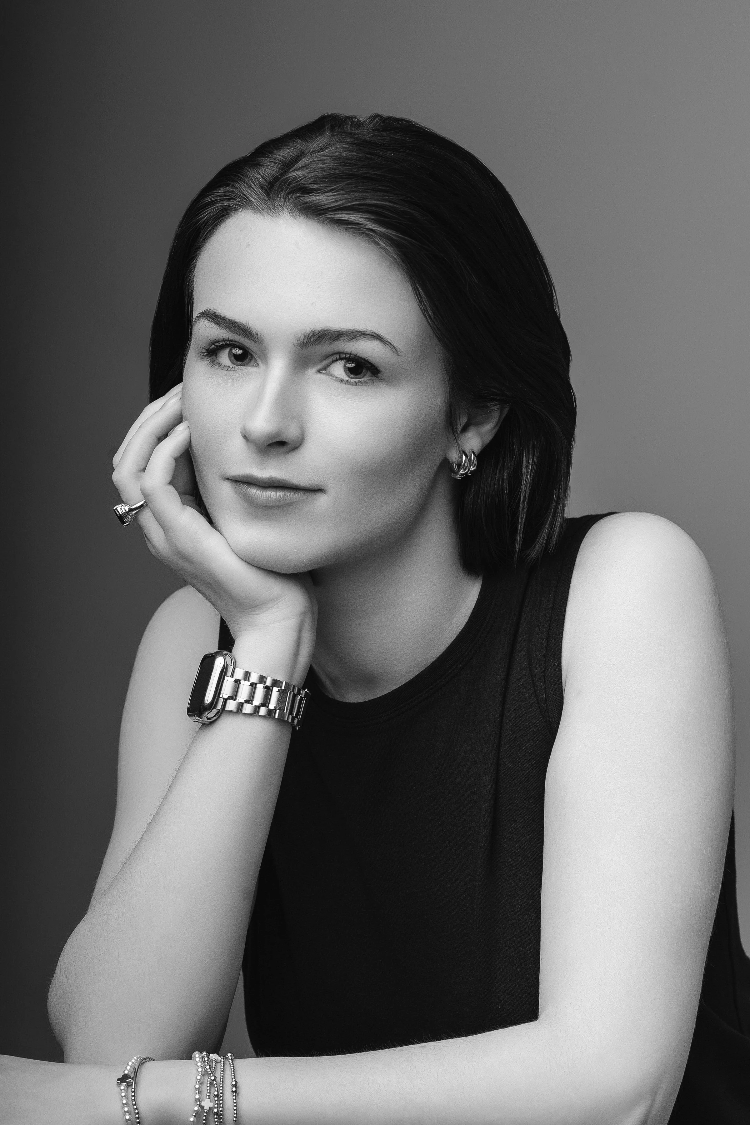 Classic black and white portrait in North Myrtle Beach studio with modern, minimalist styling by Sommer Ortiz.