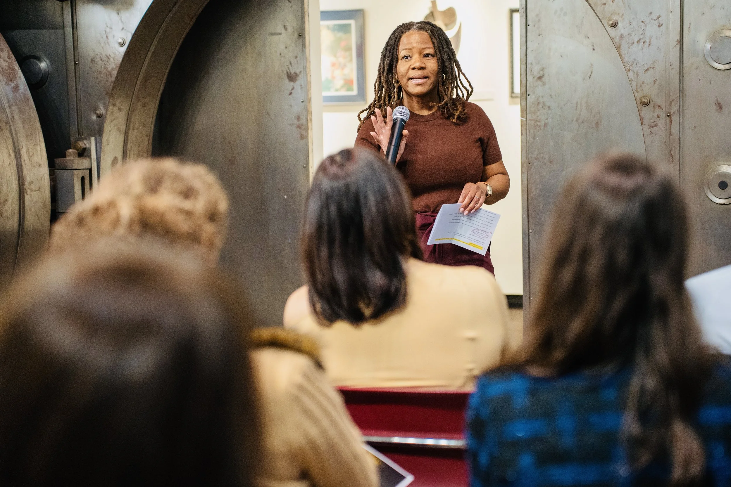Tre Cabrera speaking at the She's Got the Mic Speakers Collective launch event. 