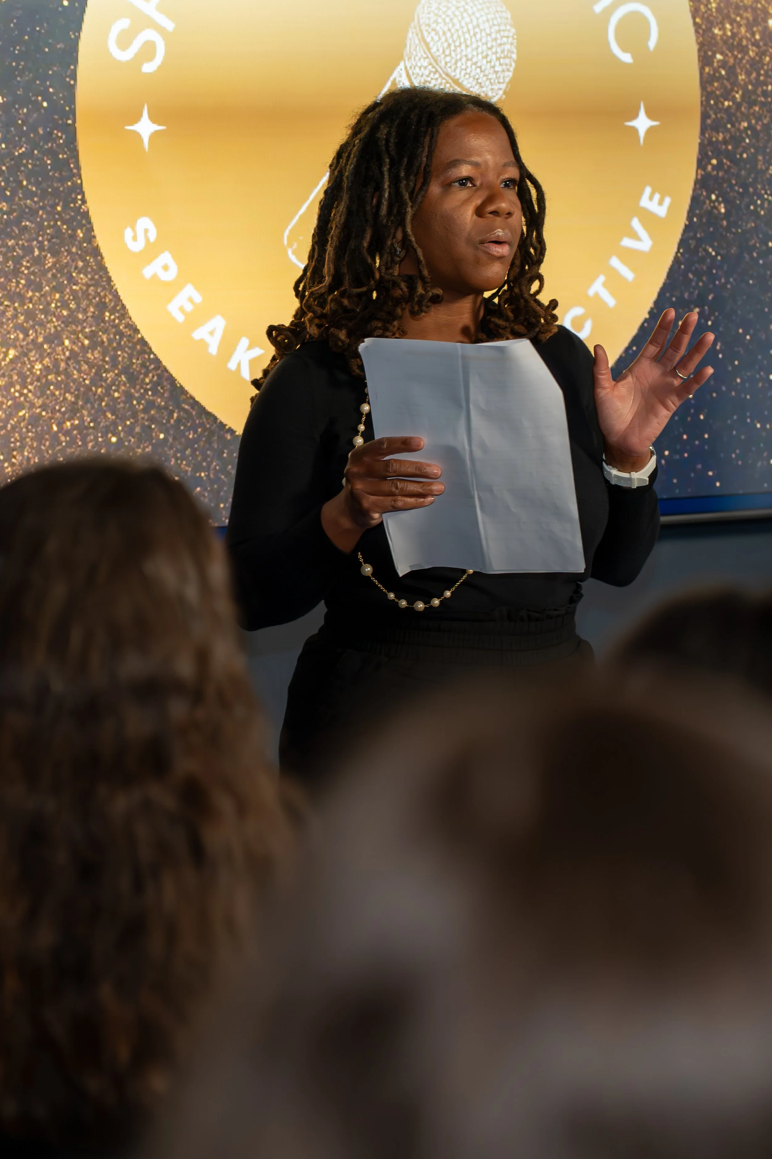 Tre Cabrera speaking at the She's Got the Mic Speakers Collective event in NYC.
