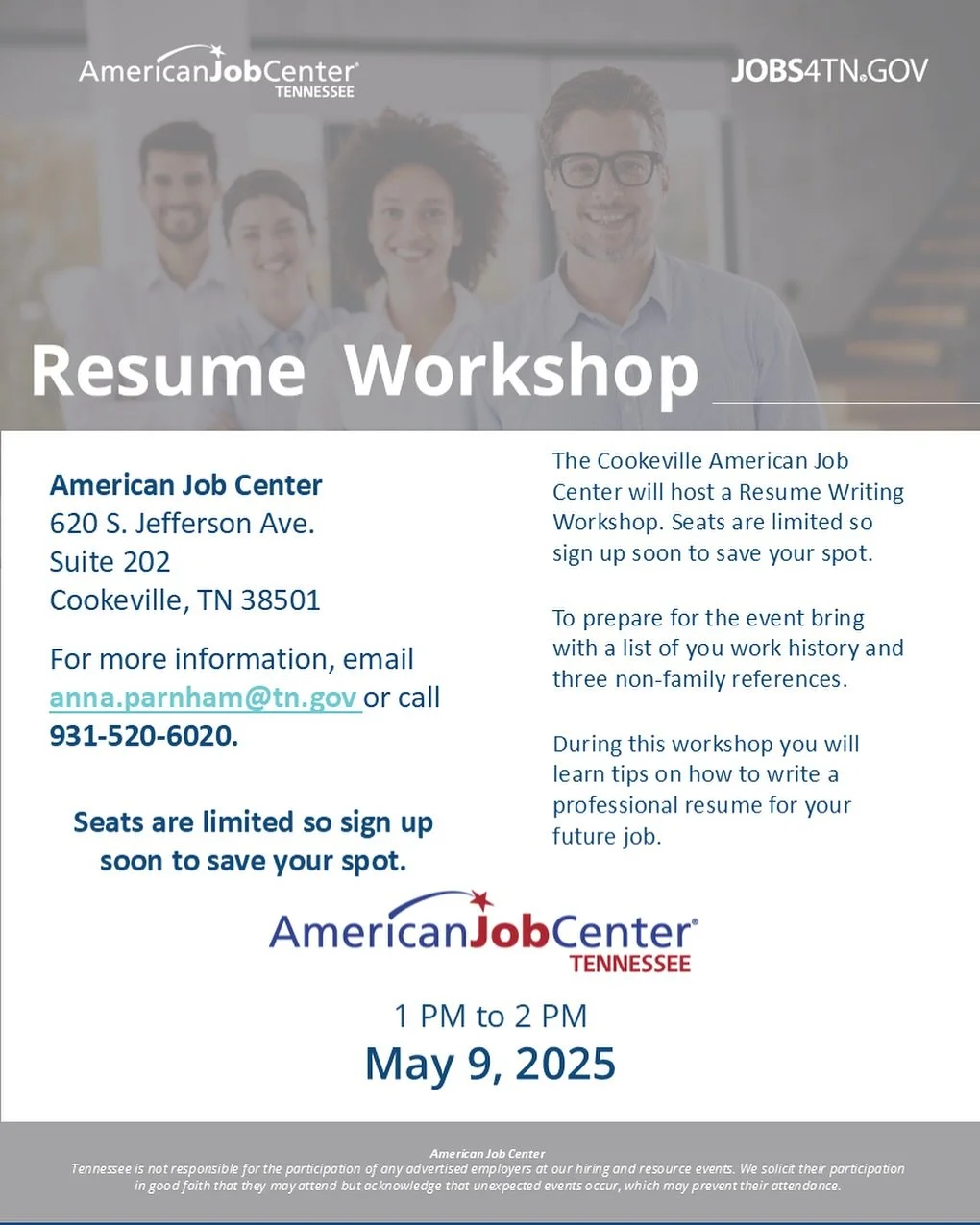 Resume Writing Workshop tomorrow from 1-2 pm at our Cookeville AJC! Email Anna.parnham@tn.gov to sign up!
