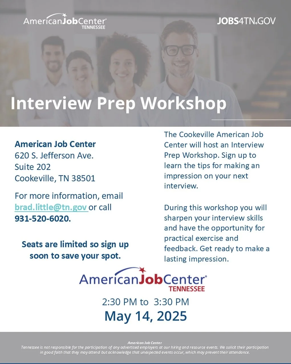 Interview Prep workshop tomorrow from 2:30-3:30 PM at the Cookeville AJC!