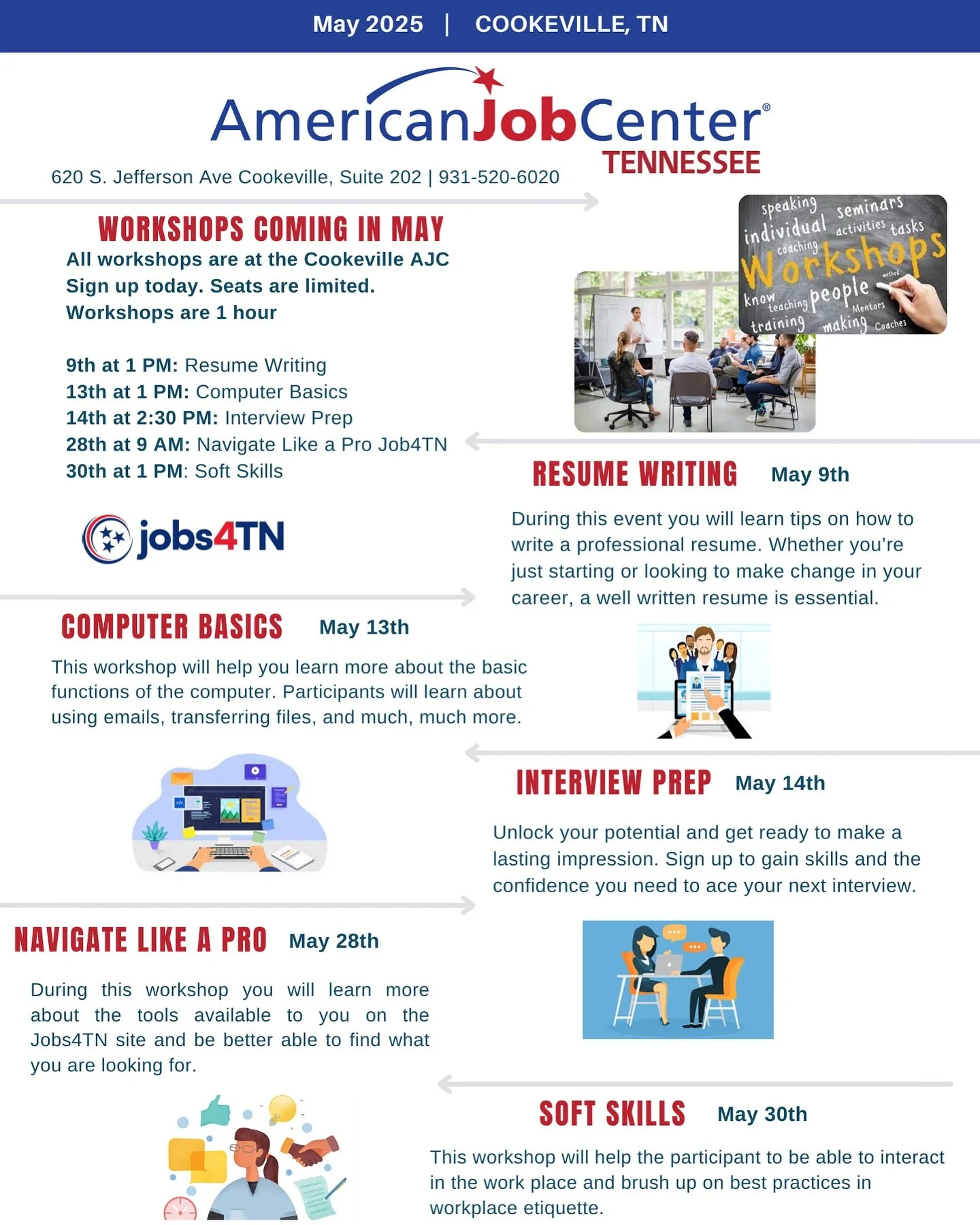 Our American Job Centers have a lot going on this month! To see more information about these events, visit our website! https://www.ucwork.org 

Call 931-520-6020 to register!

#hiring #employment