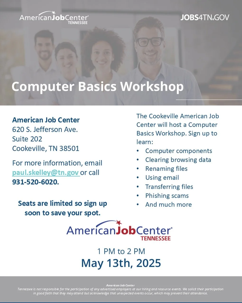 Tomorrow is the Computer Basics Class at our Cookeville AJC from 1-2PM. 

Call (931) 520-6020 to register!