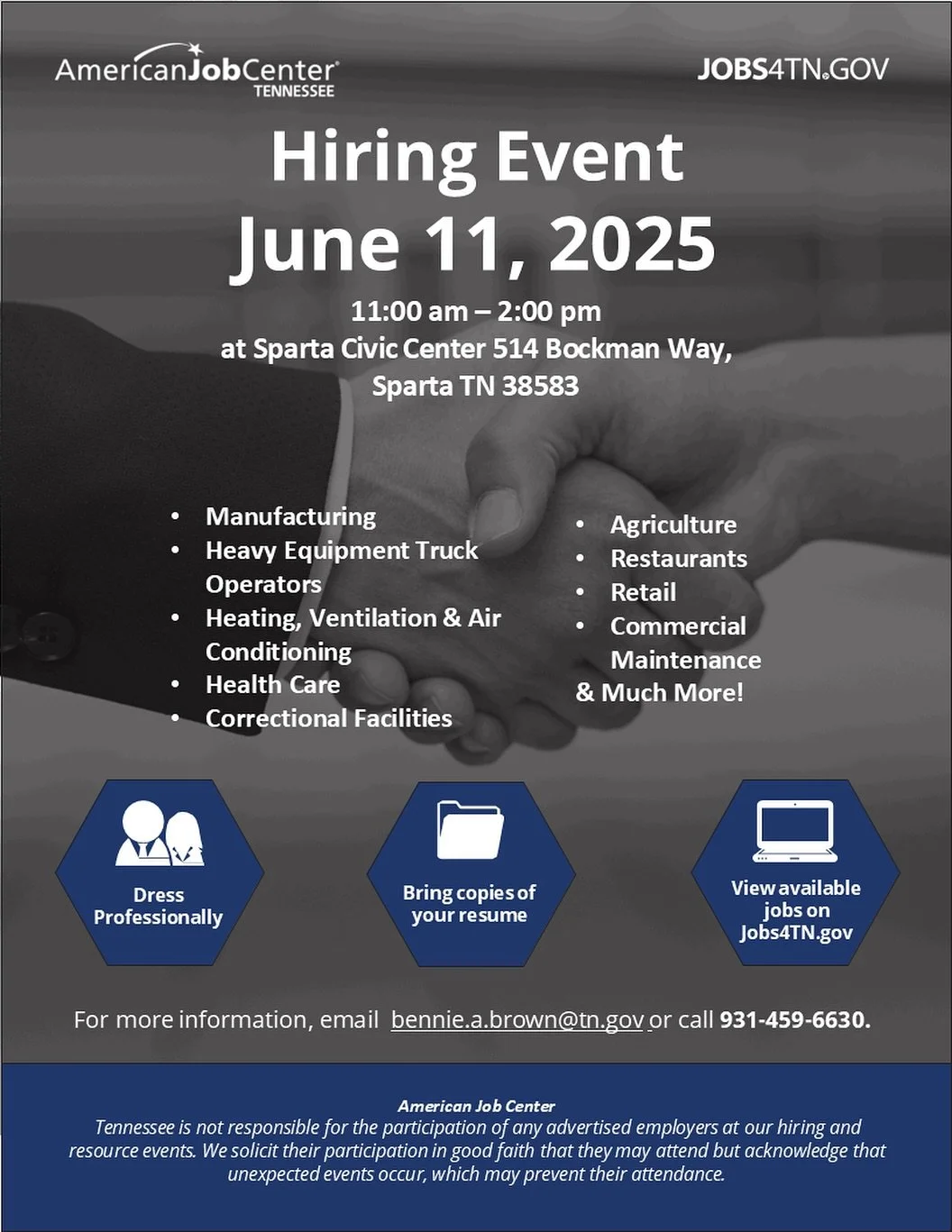 Sparta! Our AJC is bringing a hiring event to you! The event will be at the Sparta Civic Center on Wednesday, June 11 from 11AM - 2PM. There will be a food truck present, so make sure to stop by!