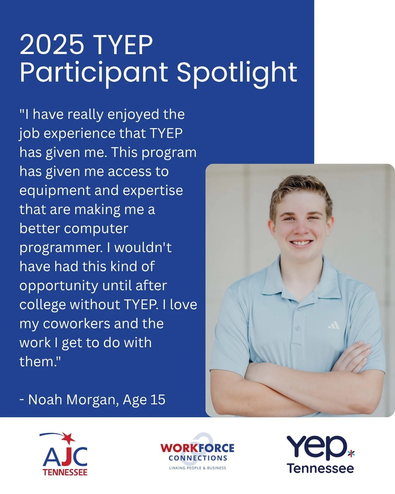 TYEP Participant Spotlight
Noah Morgan, age 15, is gaining hands-on experience in computer programming at ARCS Aviation through the Tennessee Youth Employment Program (TYEP). This opportunity has given him access to tools, mentorship, and real-world 