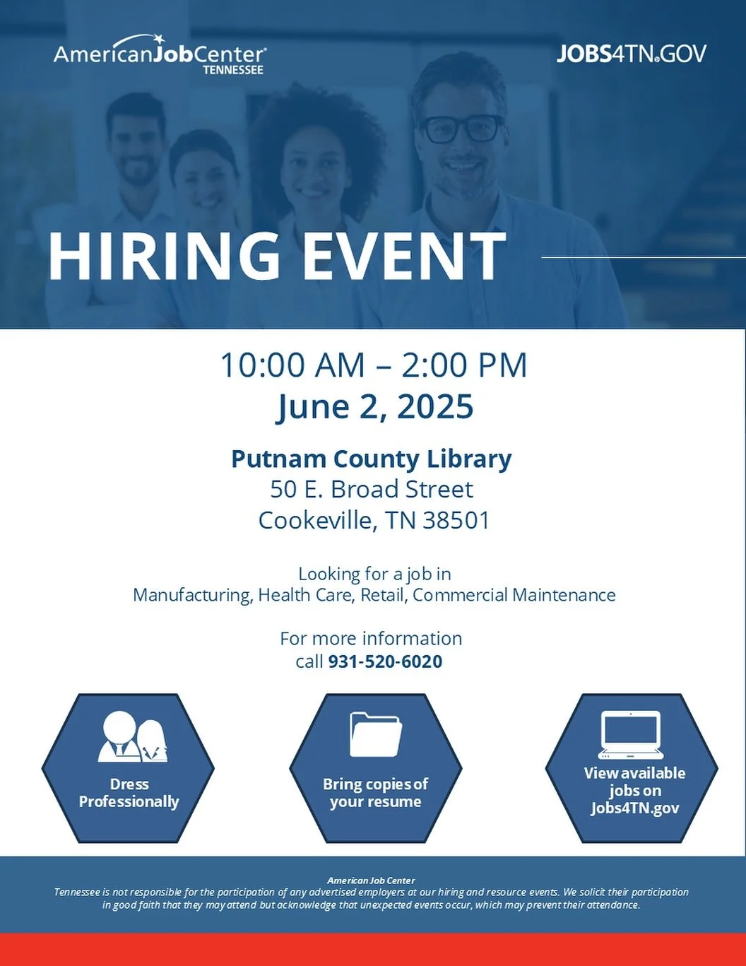 Hiring event at the Putnam County Library!!! June 2, 2025 from 10AM-2PM. Come on out!