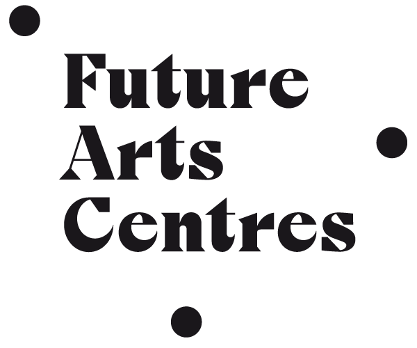 Text reading 'Future Arts Centres' with black dots around the text on a dark background.