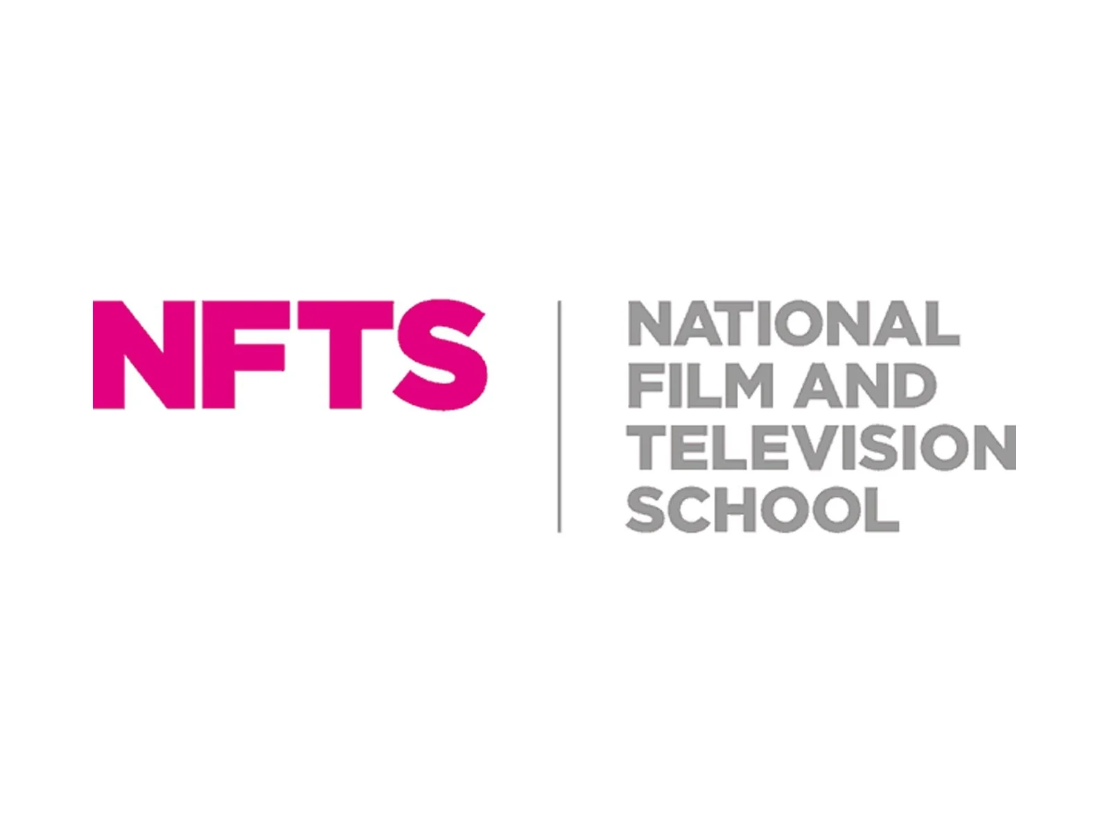 Logo for NFTs, National Film and Television School, with the acronym 'NFTS' in bold pink letters, and the full name in grey text to the right.