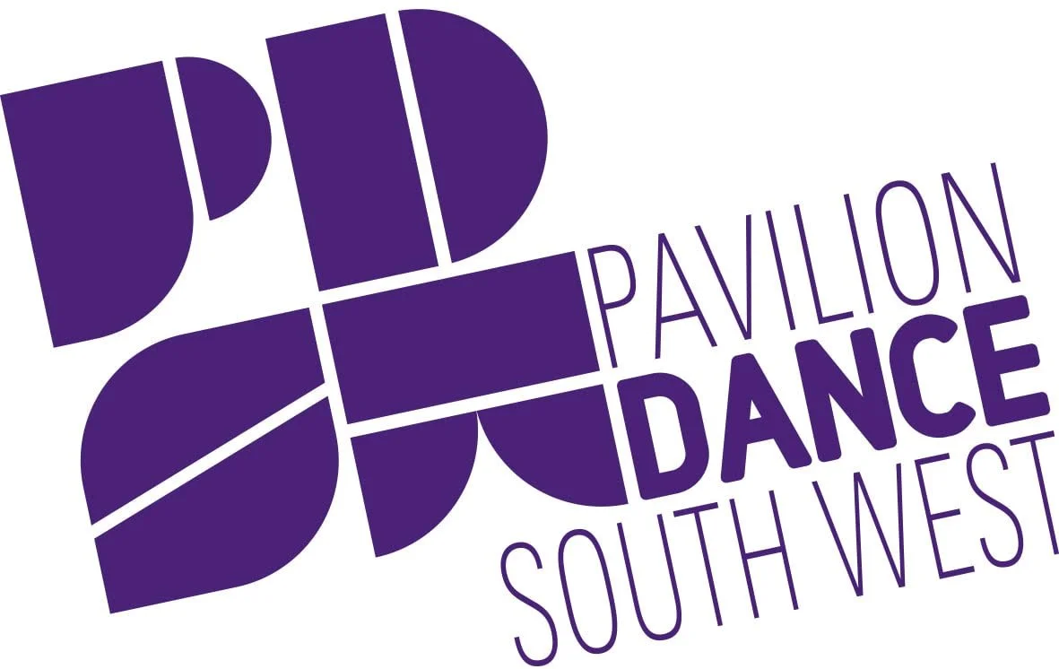 Purple and white abstract logo with geometric shapes and text for 'Pavilion Dance Southwest'.