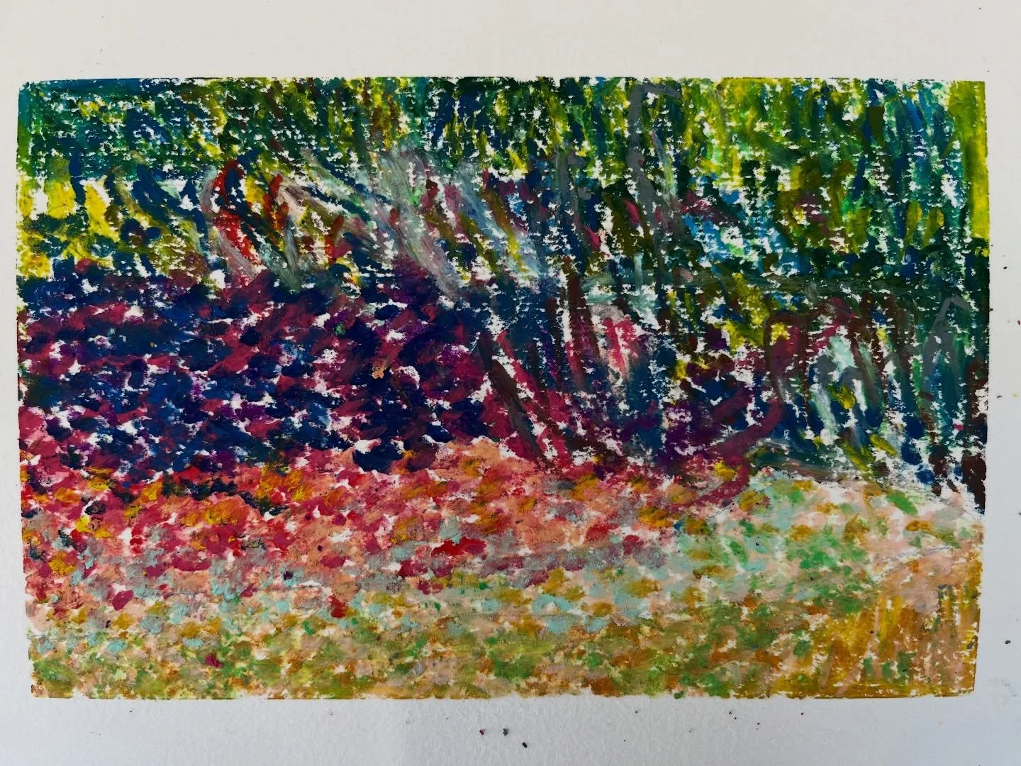For this block of sessions we are immersed in all things dotty as we take an in depth look at the work of pointillist master Georges Seurat. As an introduction to the technique we worked on small A5 textured paper with oil pastels. Our artists very q
