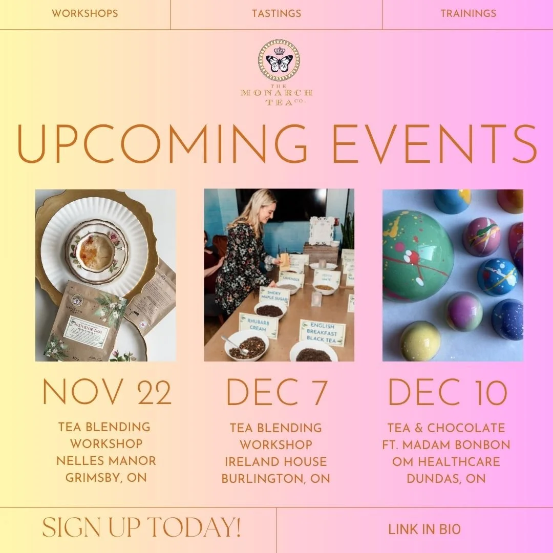 ✨ Sip, blend &amp; savour your way into the holidays! ✨

We have three upcoming tea experiences you won&rsquo;t want to miss ⤵️

🍃 Tea Blending Workshops
Create and take home three custom tea blends &mdash; perfect for gifting (or keeping for yourse