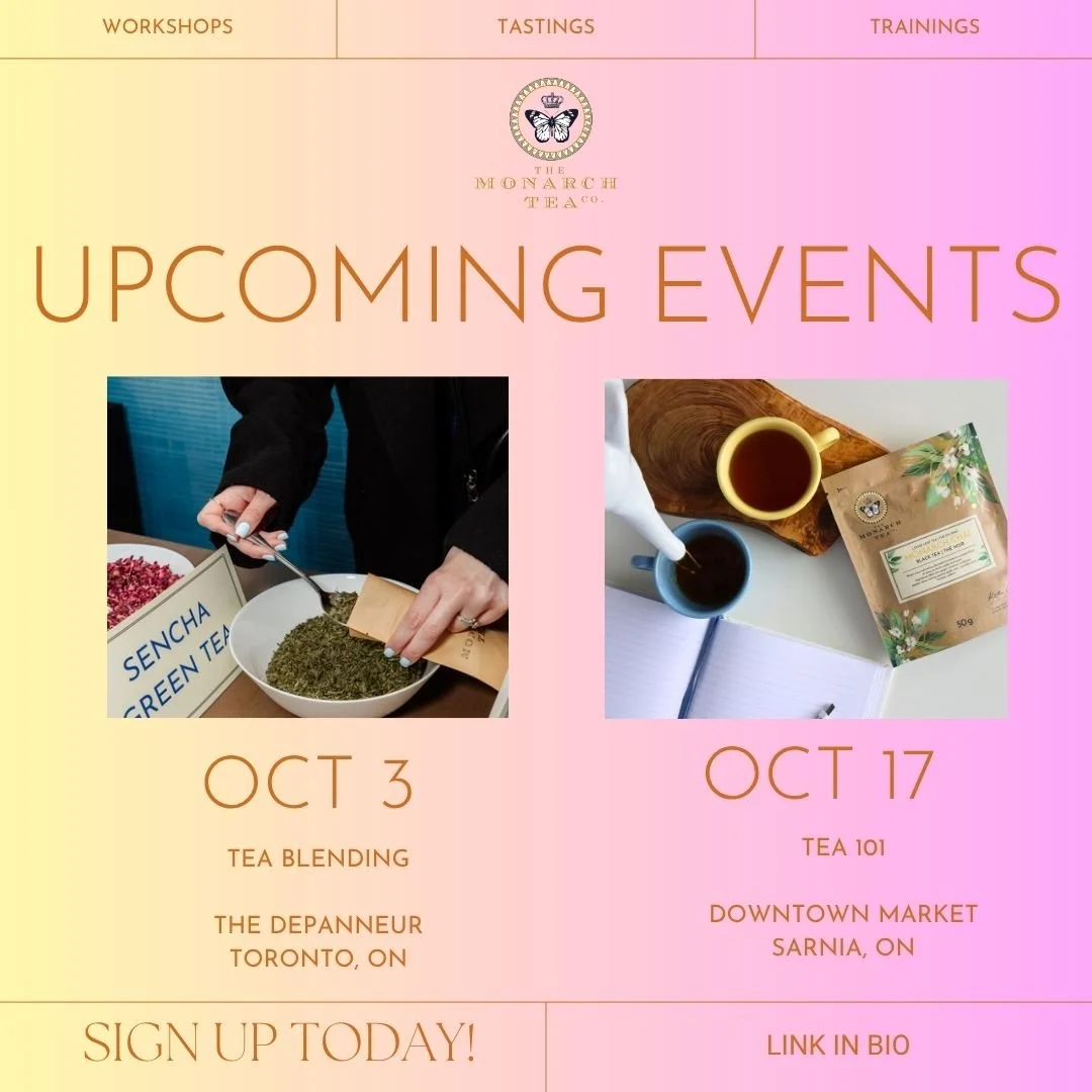 Fall Workshops are HERE! 

We're coming to Toronto and Sarnia and pouring the tea this October!

Join us for:

Oct 3- Tea Blending at @thedepanneur Toronto! Includes a tea blending workshop, hot tea served in vintage teacups and time to blend 3 custo