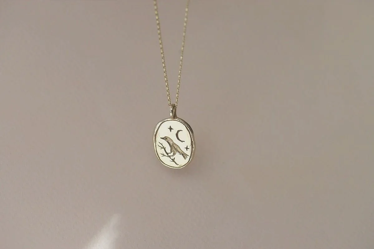 Winter Solstice ~ Crow talisman Yule necklace, 9ct Gold