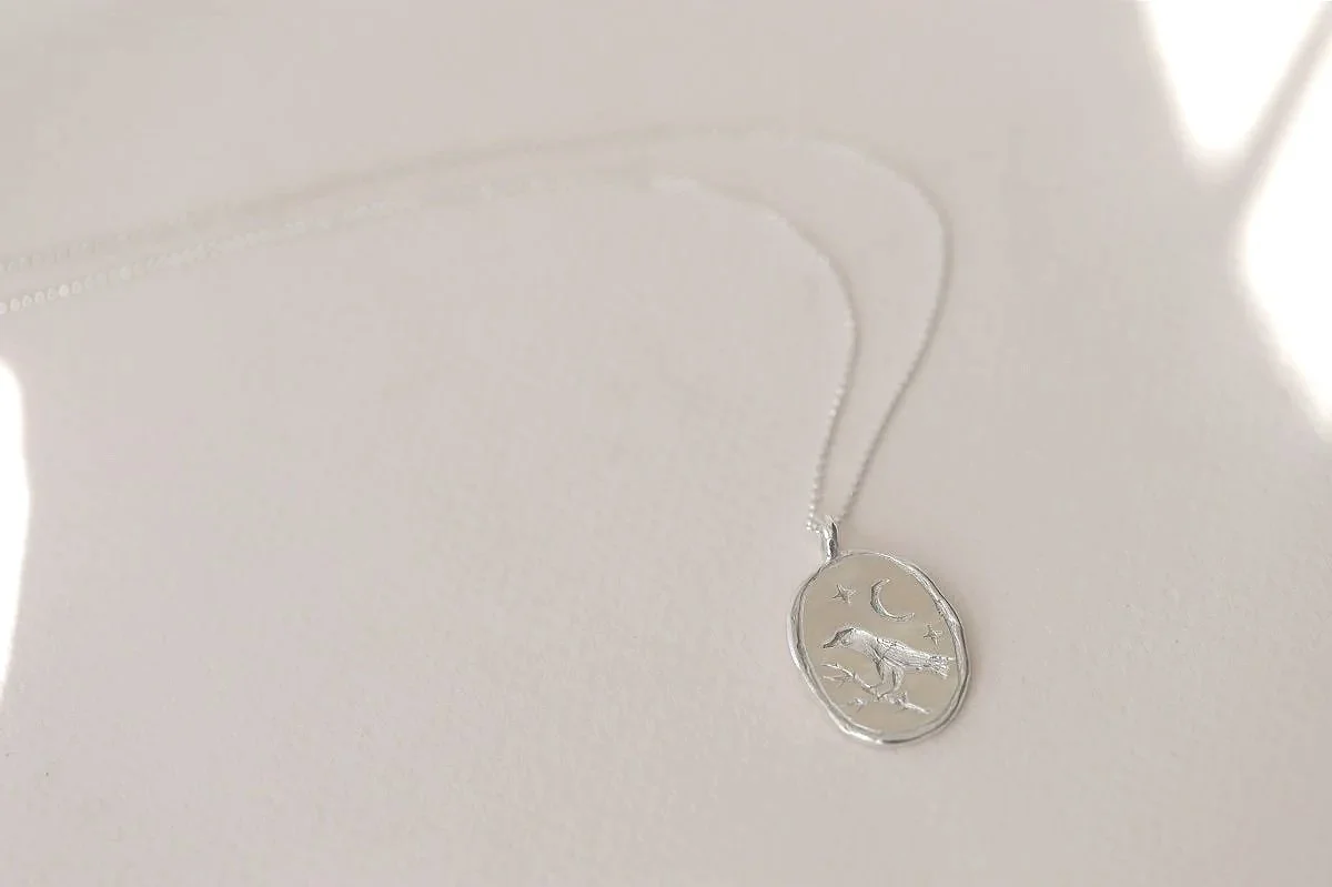 Winter Solstice~ Crow talisman Yule necklace, Silver