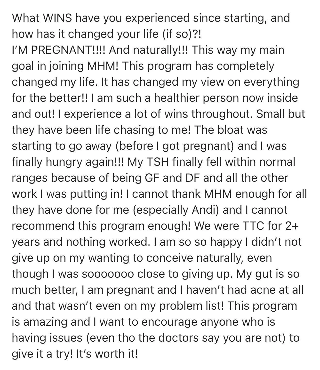 Client testimonial celebrating achieving her primary goal of natural conception after years of failing to conceive
