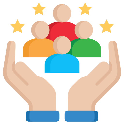 Illustration of two hands holding a diverse group of four people icons and five stars above them.