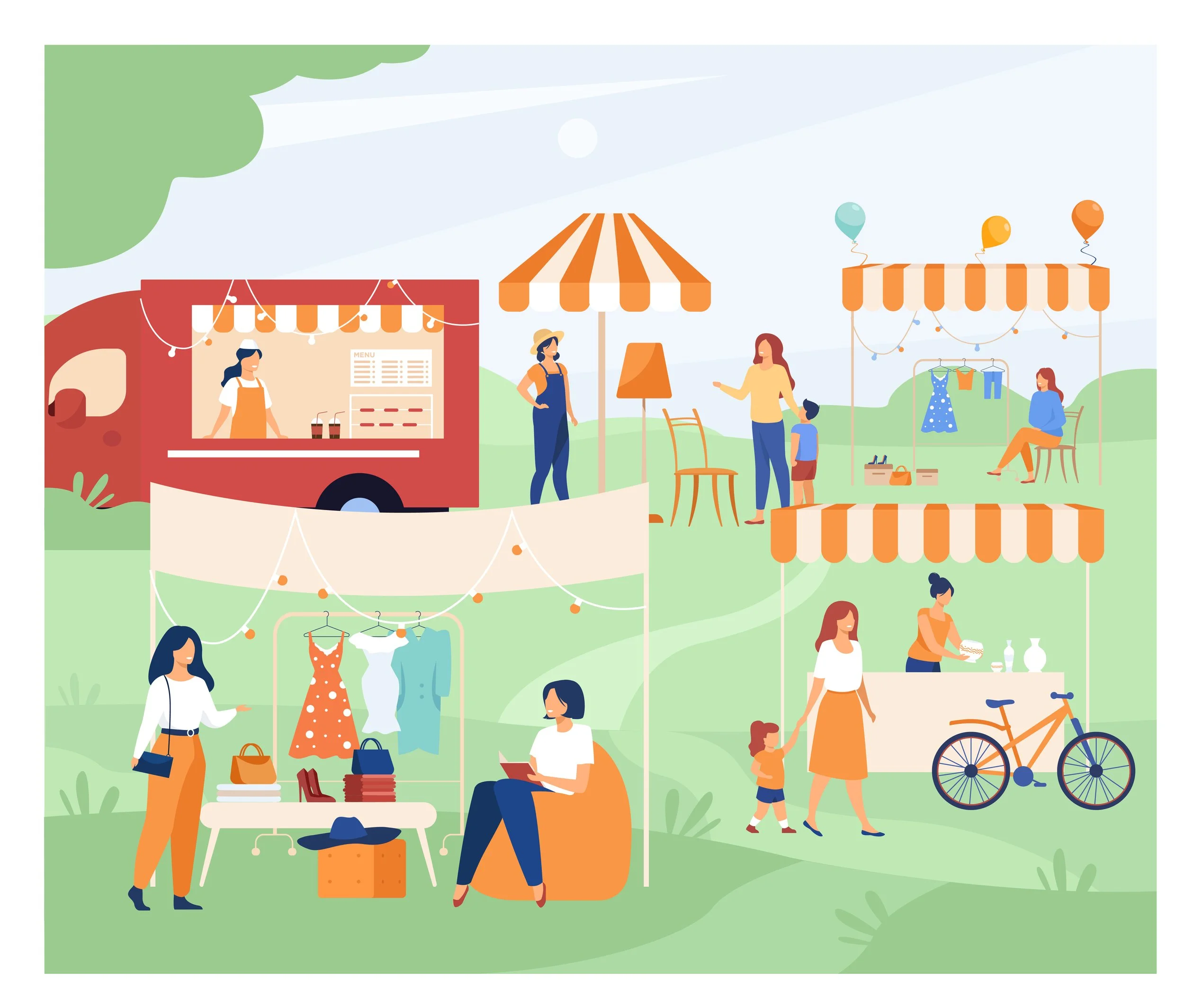 Outdoor market scene with food truck, clothing stalls, and vendors selling items like drinks, clothing, and jewelry; people browsing, shopping, and socializing on a sunny day.