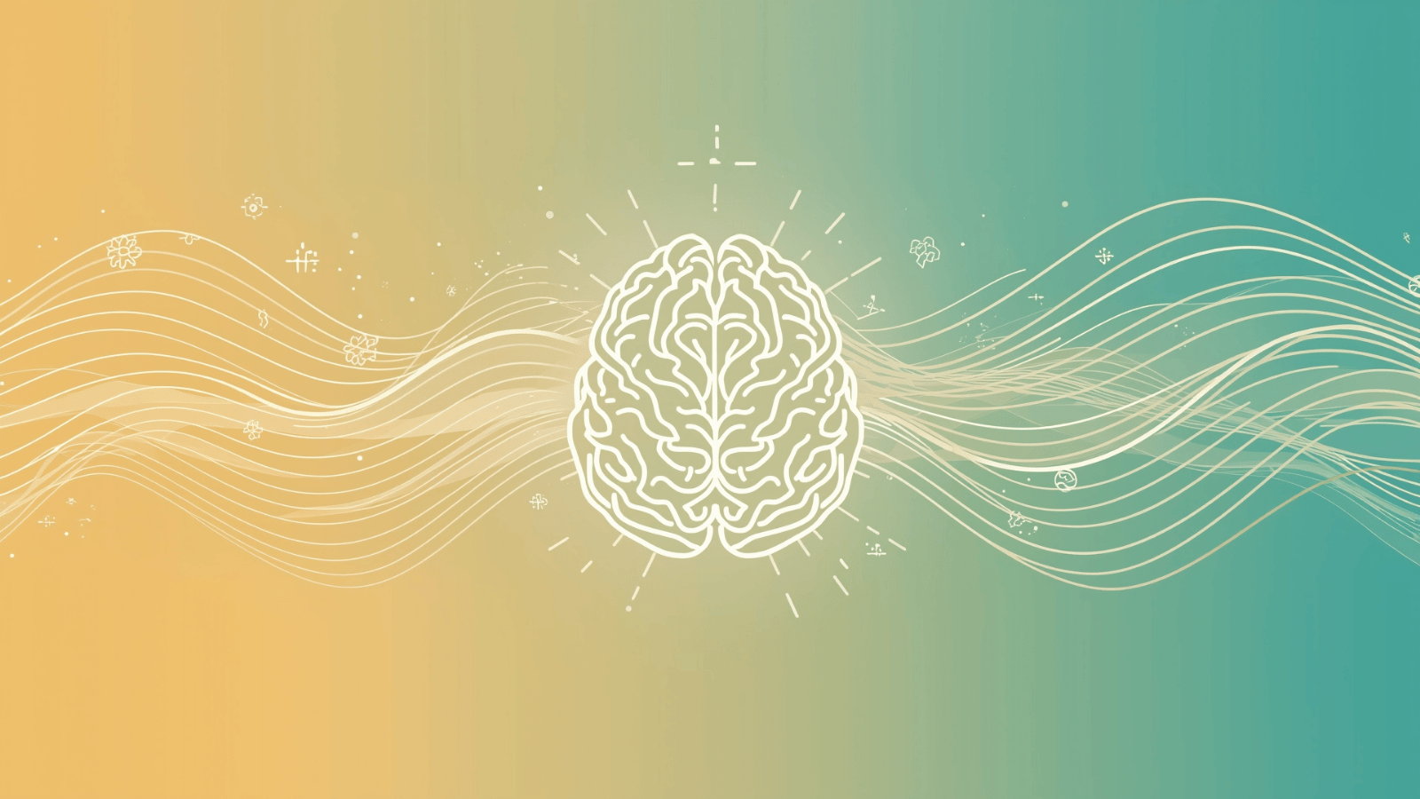 Digital illustration of a brain surrounded by flowing sound waves in teal and gold tones, representing binaural beats and brainwave entrainment for focus and productivity