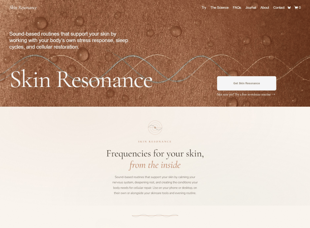 Skin Resonance beauty app website design for home page