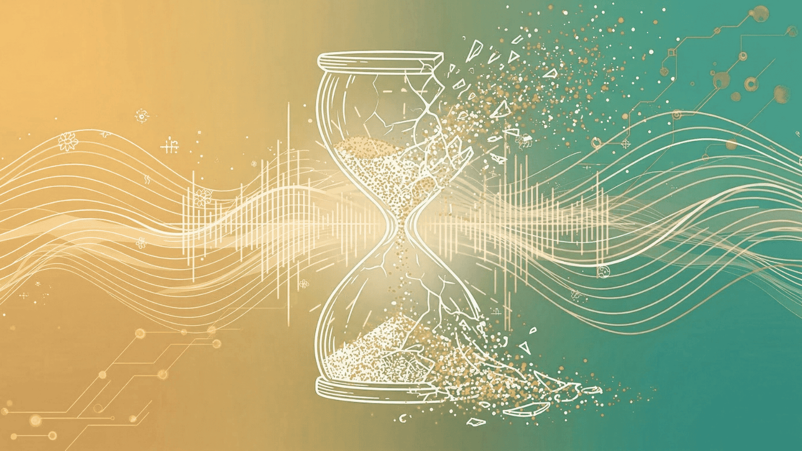 Digital illustration of a dissolving hourglass with sound waves flowing through it in teal and gold tones, representing the shift from clock time to spacious time through brainwave entrainment