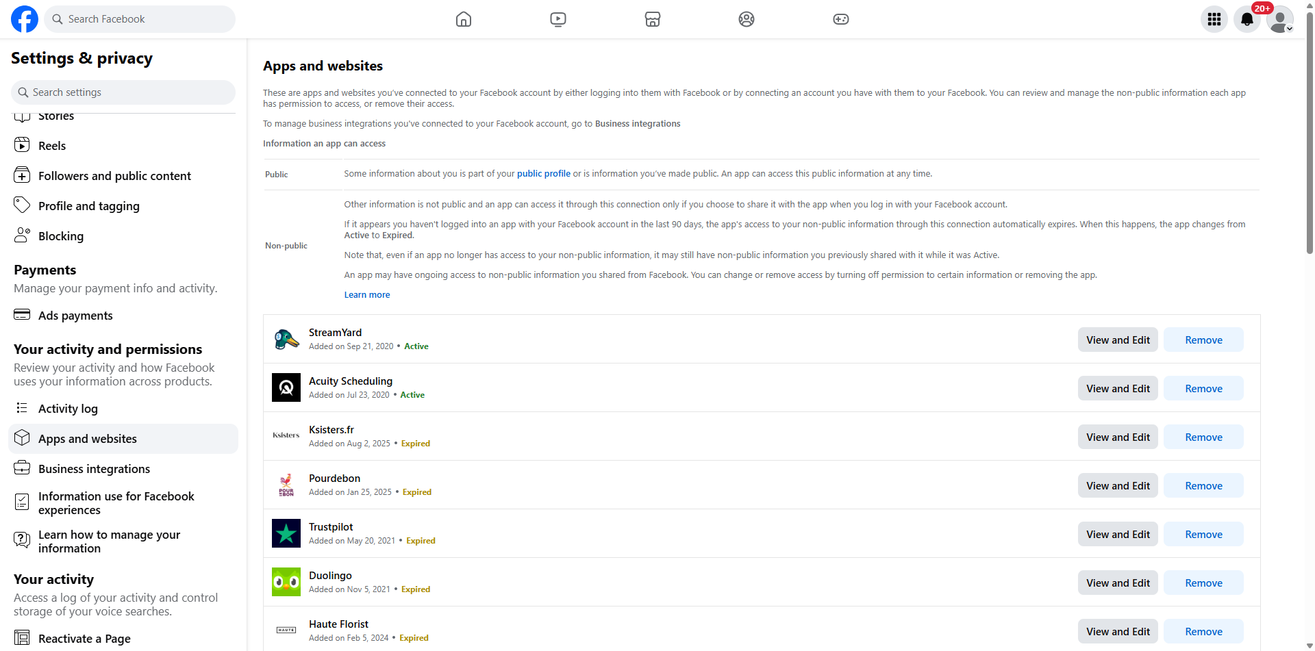 Facebook Settings page showing Apps and websites connected to an account, including StreamYard, Acuity Scheduling, Duolingo, and others, with View and Edit and Remove buttons beside each